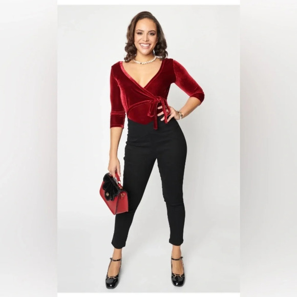 Unique Vintage Burgundy V-Waist Crop Pants Sz M 6-8# 200 - Picture 3 of 9